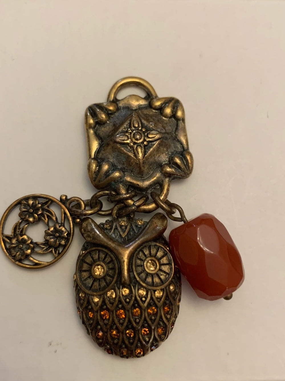 Antique Gold Owl Charm Pendant with Burnt Orange Bead